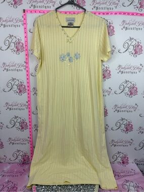 Vanity Fair Yellow Maxi Nightgown with Blue Floral Embroidery
